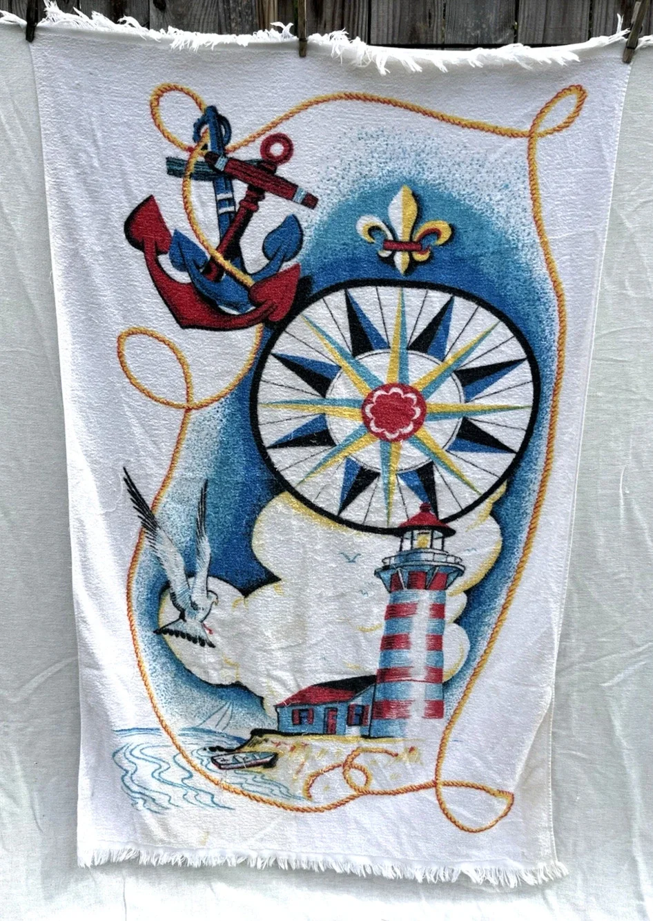 Cannon Light House Beach Towel Anchors Compass Boats All Cotton Terry 53x34 VTG